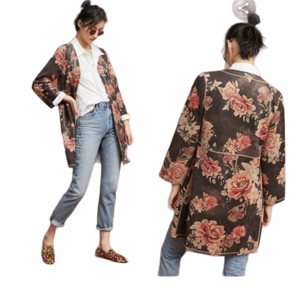 Floral Flower Print Duster Jacket Sz L - Picture 1 of 13